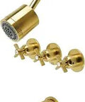 Millennium Triple Handle Tub And Shower Faucet in brushed brass with wall mount, featuring three knobs and spout.