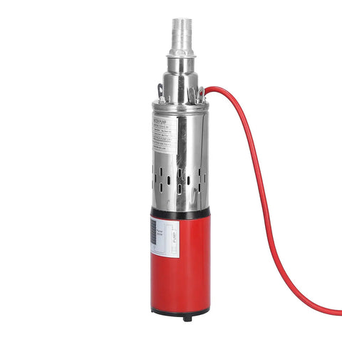 Hella Durable Stainless Steel Solar and DC 12V Submersible Sump Pump showing metal body and red base for clean water transfer.