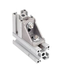 Close-up of Beefy Aluminum Profile Connector Kit with corner bracket attached to aluminum extrusion for 90-degree joint.