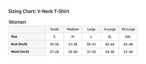 V-neck T-shirt sizing chart for women, includes bust and waist measurements for sizes Small to XX-Large.