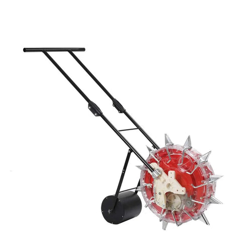 Hand Push Garden Seeder With Roller Seed Planter And Fertilizer Applicator, Semi Automatic Seed Drill on white background