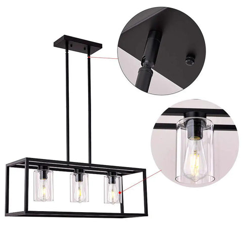 Farmhouse Black Three Light Pendant Fixture With Glass Shades For Living Room Dining Room Kitchen Island Modern Hanging Chandelier Ceiling Light details