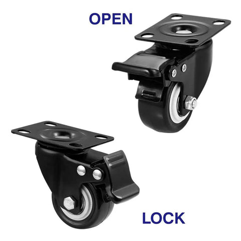 Image of Beefed Up Heavy Duty 2 Inch Caster Wheels With Brakes 360 Degree Swivel Locking Casters showing open and lock positions.