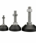 Heavy Duty Adjustable Furniture Levelers Set Of 4 Swivel Feet With No Sweat Threaded Adjustments To Knock Wobbling Right Out Of Tables Chairs And Cabinets Fast, showing three sizes.
