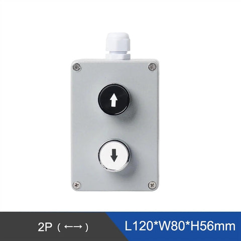 Front view of a metal two-button push-button control box with up and down arrows, explosion-proof waterproof enclosure
