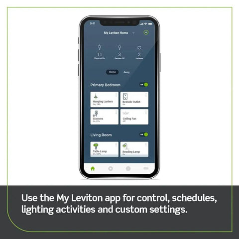 White Decora Smart Dimmer Switch No Neutral Needed Dead Simple Install Wall Control Compatible With Alexa And Google Home Zero Drama Smart Home Lighting Solutions displayed on My Leviton app.