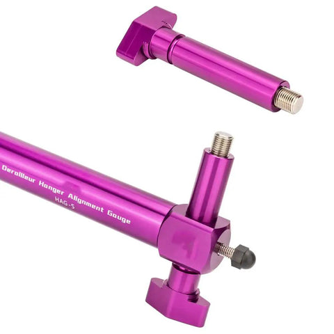 Bike Alignment Tool For Derailleur Hanger Alignment And Wheel Gap Gauge Pro Grade Aluminum Alloy Bicycle Repair Tool In Purple, close-up.