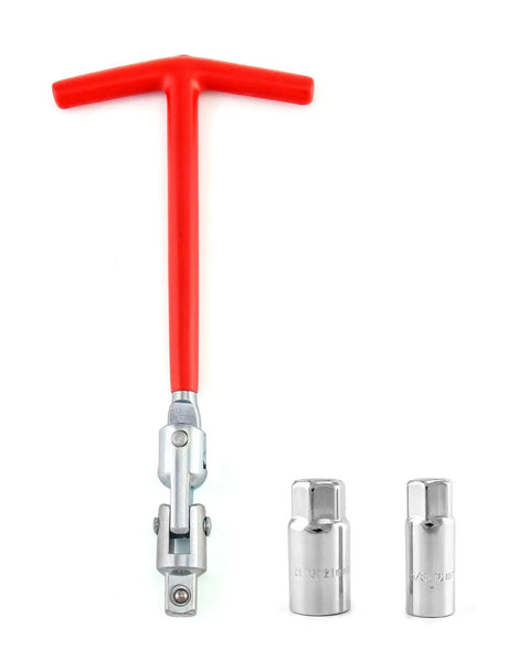Universal Spark Plug Socket Wrench With T Handle For Easy Remove And Install Fits Five Eighths Inch And Thirteen Sixteenths Inch Spark Plugs 360 Degree Rotation And 270 Degree Folding Lightweight And Handy with red T handle and two sockets visible.