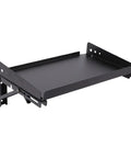 No Fuss Heavy Duty Fold Down Garage Wall Shelf Built Hella Sturdy With Alloy Steel to hold power tools, features a sleek black finish.