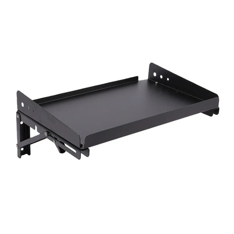 No Fuss Heavy Duty Fold Down Garage Wall Shelf Built Hella Sturdy With Alloy Steel to hold power tools, features a sleek black finish.