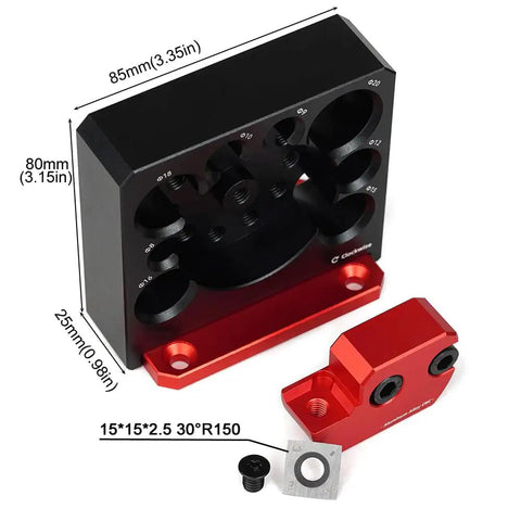 Heavy Duty Aluminum Adjustable Drill Dowel Jig With Carbide Cutter Bit For Sweet Round Profiles And Zero Hassle Woodshop Projects Quick Turn Knobs Covering Eight Through Twenty Millimeters, showing parts with dimensions and design.