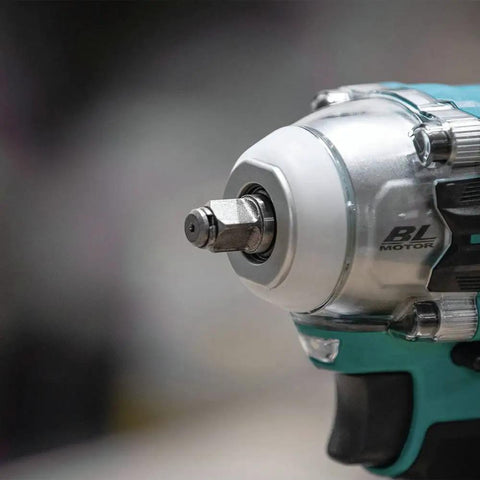 Close-up of 18V LXT Brushless Cordless Three Eighths Inch Drive Impact Wrench With Friction Ring Anvil, BL motor visible