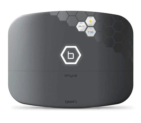 Front view of B-hyve XR 8 Zone Smart Sprinkler Timer with WiFi app control, showing hexagonal design and digital display