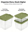 Rock Solid 95 Quart Clear Plastic Storage Bin With Easy Grip Handles For No Sweat Organization And Smooth Transport Legit Extra Large Bulk Storage Container, shown with stackable lids and full-grip handles.