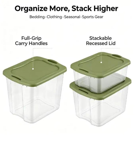 Rock Solid 95 Quart Clear Plastic Storage Bin With Easy Grip Handles For No Sweat Organization And Smooth Transport Legit Extra Large Bulk Storage Container, shown with stackable lids and full-grip handles.