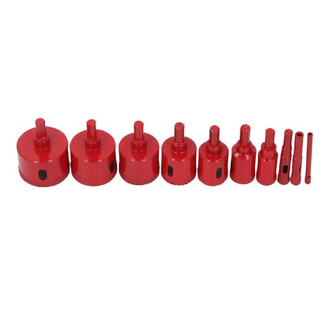 Check Out These Epic Filfeel Hole Saw Tile Drill Bits Kit With 10 Piece Shank Bits For Ceramic Marble Glass That Cuts Clean Without Burrs And Lasts Forever. 10-piece red ceramic hole saw bits, 6mm to 50mm, on white background