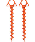 Beefy Ground Anchors For Heavy Duty Screw In Tent Stakes Built For High Wind And Loose Sand Perfect For Canopies, Shade Shelters, RV Awnings, Dogs, Trampolines, And More With T Grip Tool Included Two Pack showing two orange screw-in anchors.