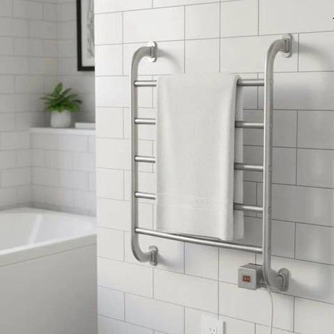 Stay Toasty With This Wall Mounted Towel Warmer Rack That Dries Towels And Garments, 25.5 Inch Nickel Finish Frame With Five Bars