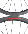 Close-up of Ultra Light 700c Carbon Road Bike Wheels 38mm Clincher Set, Toray T700 Construction, black finish, cassette compatible