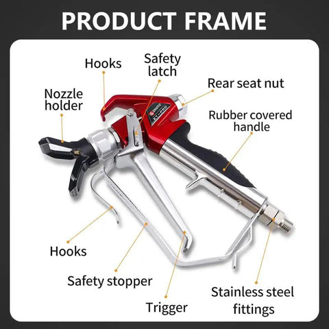 Heavy Duty Airless Paint Spray Gun With Reversible 517 Tip And Universal Swivel Joint For Big Time Finishes Zero Sweat Setup And Pro Workhorse 4000 Psi Performance, showing detailed parts with labels.