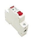 Built Tough One Pole Solar DC Circuit Breaker With Zero Hassle Inline Fuse Protection For Off Grid Power Systems Rating Up To 1000 Volts And Smooth Action From Six To Sixty Three Amps in white and red, showcasing side view.