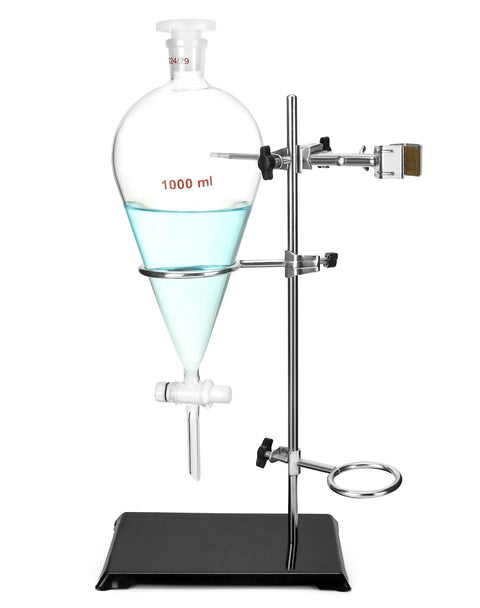 Beefy 1000ml Heavy Duty Conical Separating Funnel With 24 29 Joint PTFE Stopcock And Lab Distillation Support Rack For Stable Titration And Liquid Liquid Extraction, glass funnel with stand