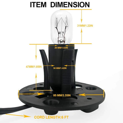 Himalayan Salt Lamp Cord With Dimmer Switch Kit Six Foot Long With Base Assembly And Six 25 Watt E12 Bulbs dimensions shown