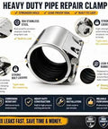 Rock Solid Heavy Duty Three Inch Pipe Repair Clamp And 304 Stainless Steel Leak Sealer For Burst Water Pipes Metal And PVC Split Lines Straight Up No Drip Fix Patch, detailed features and leak-proof design.
