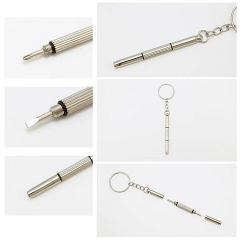 12 Pack Eyeglass Screwdriver Keychain Set Mini 3 In 1 Flat Phillips Hex Drivers showing various angles and close-ups