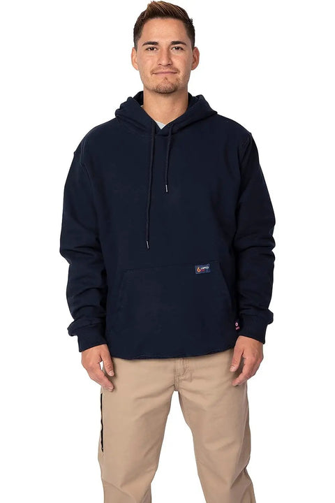 Hella Comfy Mens Flame Resistant Hoodie Sweatshirt With Heavyweight 12 5 Oz Fleece Pullover For Tough Industrial Job Site Work Wear Navy Cotton Acrylic Blend Meets Nfpa Atptv Hrc Safety Specs Xl Regular model wearing the hoodie