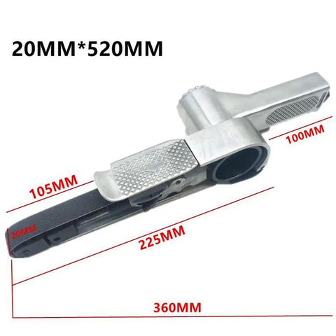 Heavy Duty Mini Air Belt Sander Pneumatic Handheld Angle Grinder For Wood And Metal Sanding Polishing Rust Removal With 520X20mm Belts, dimensions displayed.