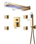 Slick Matte Black Shower System Featuring Rectangle LED Rainfall Head Wall Mount Bathroom Faucet Hardware Kit With Three Way Diverter And Dynamic Color Lights For Top Tier Home Spa Chill, modern gold finish with rectangular showerhead.