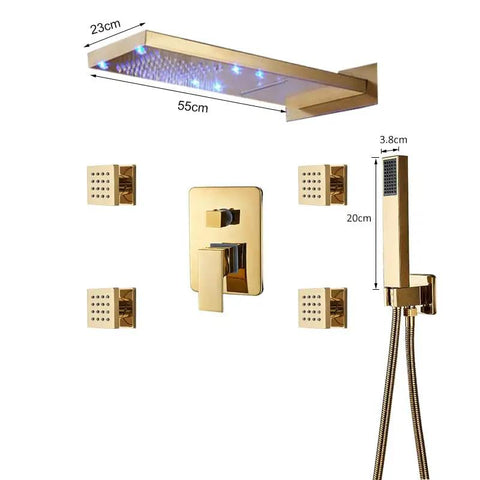 Slick Matte Black Shower System Featuring Rectangle LED Rainfall Head Wall Mount Bathroom Faucet Hardware Kit With Three Way Diverter And Dynamic Color Lights For Top Tier Home Spa Chill, modern gold finish with rectangular showerhead.