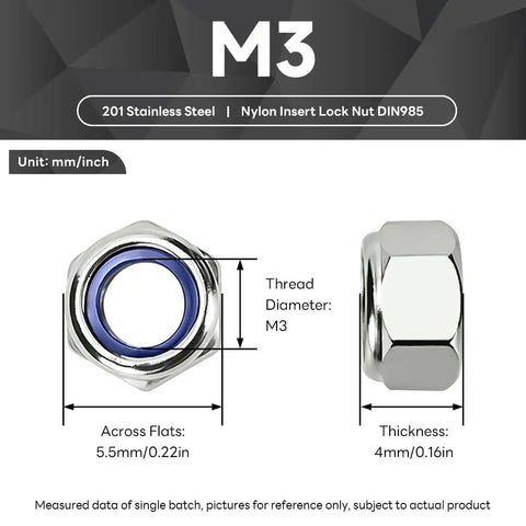 300 Piece M3 Nylon Insert Locknuts Made From Gnarly 201 Stainless Steel Fine Pitch Fasteners With A Badass Grip, showing dimensions.