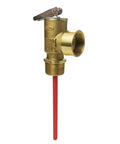 Brass water heater relief valve with 3/4in NPT thread, top lever, and red discharge tube.