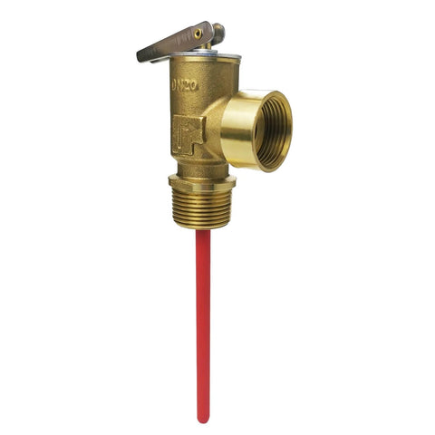 Brass water heater relief valve with 3/4in NPT thread, top lever, and red discharge tube.