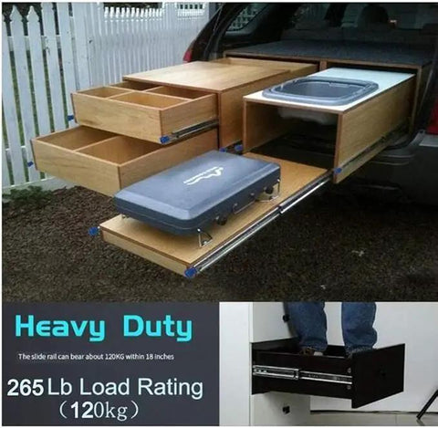 Heavy Duty Steel Drawer Slides With Ball Bearings For Absolute Full Extension Rock Solid Industrial Telescoping Slider Rail Side Mount, shown in a vehicle, supporting 265 lbs.