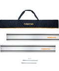 Pro Grade Dual 55 Inch Track Saw Guide Rail Kit Featuring Dead Nuts Straight Aluminum Profile And Heavy Duty Canvas Bag.