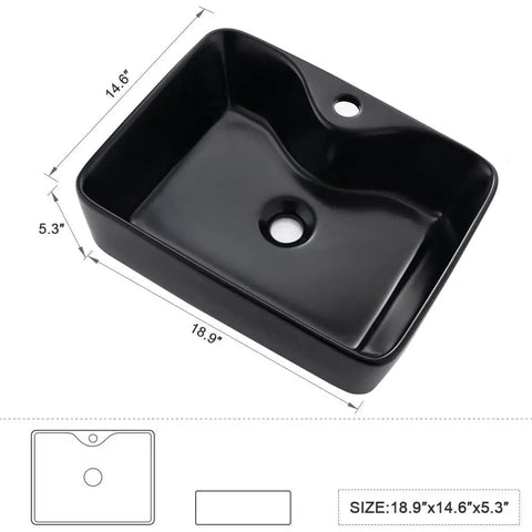 Matte Black Vessel Sink With Faucet And Drain Combo For Bathroom, 19 By 15 Inches Rectangular Above Counter Ceramic Art Basin