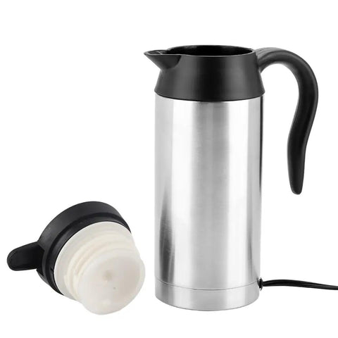 Boss Level 24v Electric Water Kettle For Truckers And Road Warriors 750ml Stainless Steel with black lid and handle.