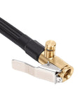 Premium Flexible Silicone Tire Inflator Extension Hose 40cm With Quick Clamp Chuck For Cars Motorcycles Bikes No Sweat Roadside Help Easy Reach Tight Spots Essential Garage Tool Game Changing Auto Repair Gear You Need Right Away. close-up of brass quick clamp chuck and braided black hose