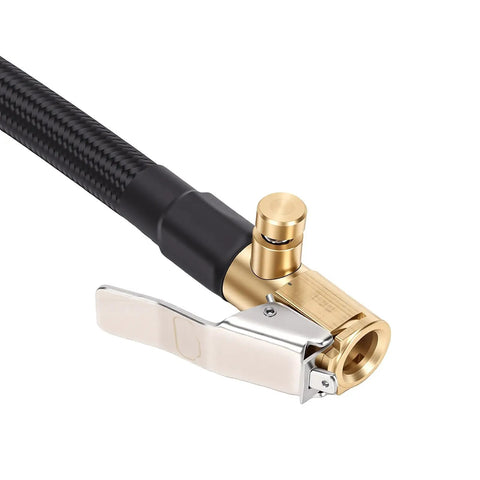 Premium Flexible Silicone Tire Inflator Extension Hose 40cm With Quick Clamp Chuck For Cars Motorcycles Bikes No Sweat Roadside Help Easy Reach Tight Spots Essential Garage Tool Game Changing Auto Repair Gear You Need Right Away. close-up of brass quick clamp chuck and braided black hose