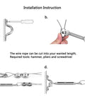 Installation steps for Outdoor String Light Suspension Kit With Vinyl Coated Stainless Steel Cable And 150 Ft Transparent PVC Wire Includes 304 Stainless Steel Wire Cable Turnbuckles And Hooks For Weatherproof Patio Ambience Easy To Install, showing screw, wrench, hooks and turnbuckle assembly.