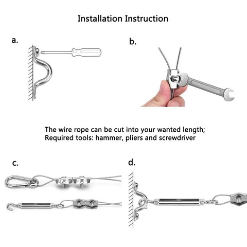 Installation steps for Outdoor String Light Suspension Kit With Vinyl Coated Stainless Steel Cable And 150 Ft Transparent PVC Wire Includes 304 Stainless Steel Wire Cable Turnbuckles And Hooks For Weatherproof Patio Ambience Easy To Install, showing screw, wrench, hooks and turnbuckle assembly.