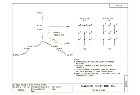 Wiring diagram for Baldor Electric 3-phase motor, showing low and high voltage connections, phase lines, and thermostats.