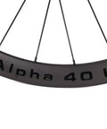 Close-up of Alpha 40 II rim branding on Ultra Light 1390g Carbon Road Disc Wheelset With 40mm Depth Center Lock Clincher Tubeless Ready 700C.