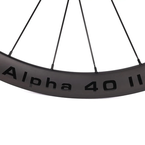 Close-up of Alpha 40 II rim branding on Ultra Light 1390g Carbon Road Disc Wheelset With 40mm Depth Center Lock Clincher Tubeless Ready 700C.