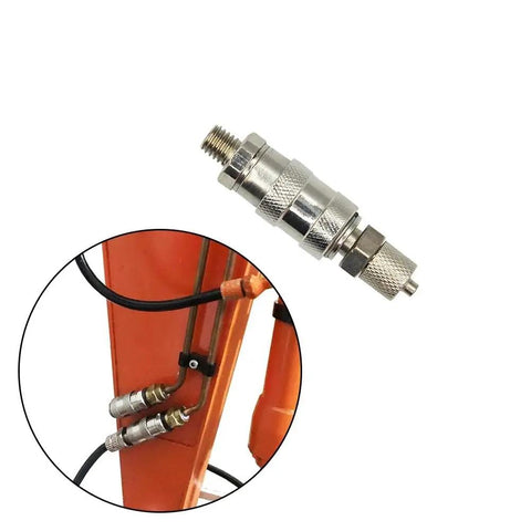 M5 4mm Quick Coupling Connector for RC hydraulic oil pump tank, metal, easy disassembly, shown installed on 1:14 scale car