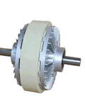 Side view of dual-shaft 24V electromagnetic powder clutch/brake with beige housing and aluminum hub