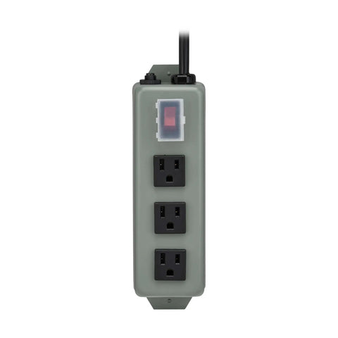 3-Outlet Heavy Duty Power Strip With Metal Housing, Mountable Wall Or Under Desk, 9 Ft Cord, On Off Switch Cover, front view